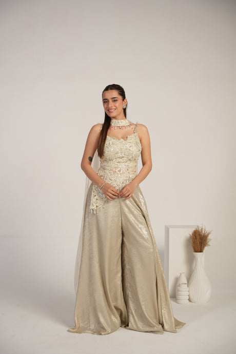 Ivory Pearl Embroidered Palazzo Cape Ensemble
