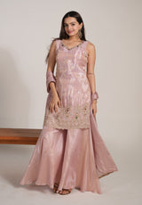 Blush pink embroidered sharara suit with a matching kurta and dupatta