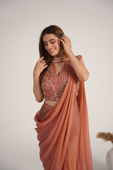 Coral Mirror Draped Saree Set - close-up detail