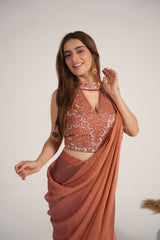 Coral Mirror Draped Saree Set - alternate view