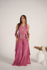 Close view of the silver embroidery on a raspberry kurta and palazzo