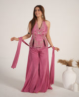 Raspberry kurta with silver embroidery and matching palazzo trousers