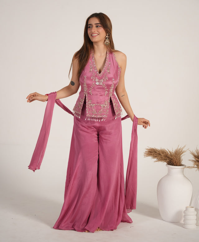 Raspberry kurta with silver embroidery and matching palazzo trousers