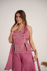 Full-length view of a raspberry silver embroidered kurta palazzo set