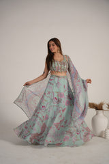 Mint Rose Floral Mirrorwork Lehenga Set