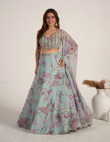 Mint Rose Floral Mirrorwork Lehenga Set