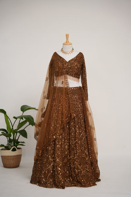 Antique Gold Sequin Bridal Lehenga Couture Ensemble