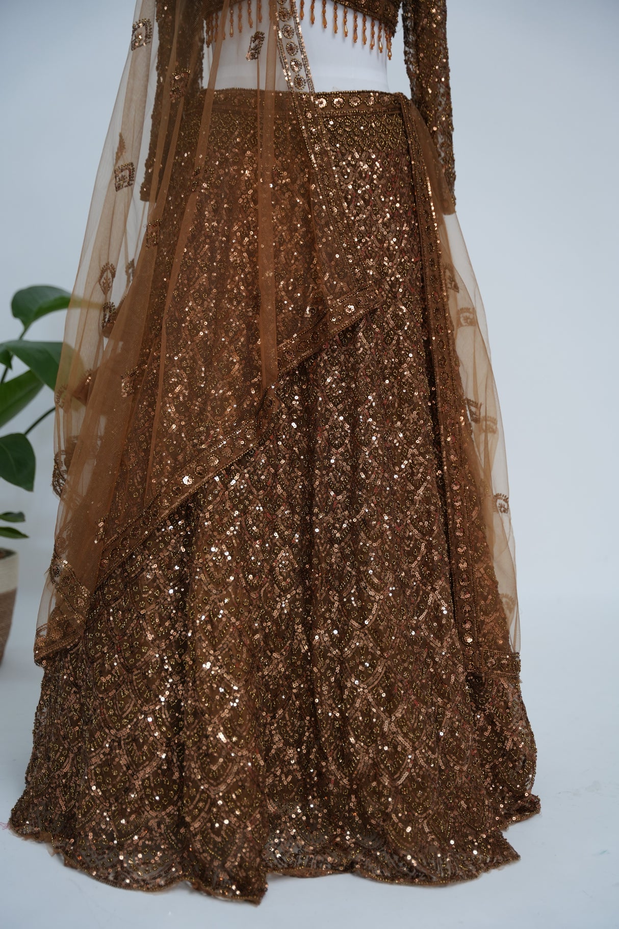 Antique Gold Sequin Bridal Lehenga Couture Ensemble
