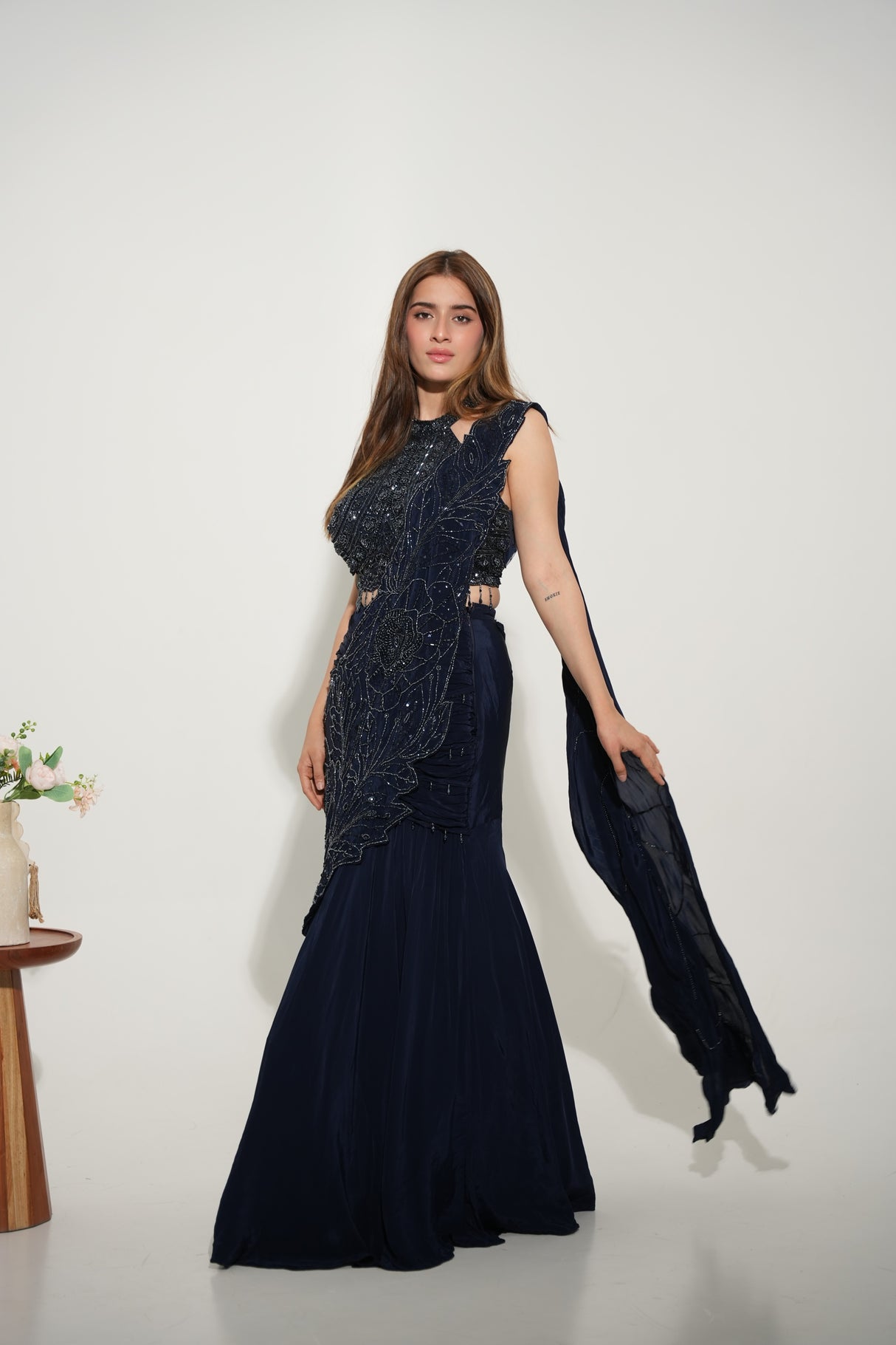 Midnight blue embellished lehenga styled for an evening celebration
