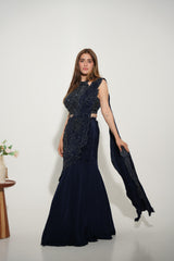 Midnight blue embellished lehenga styled for an evening celebration