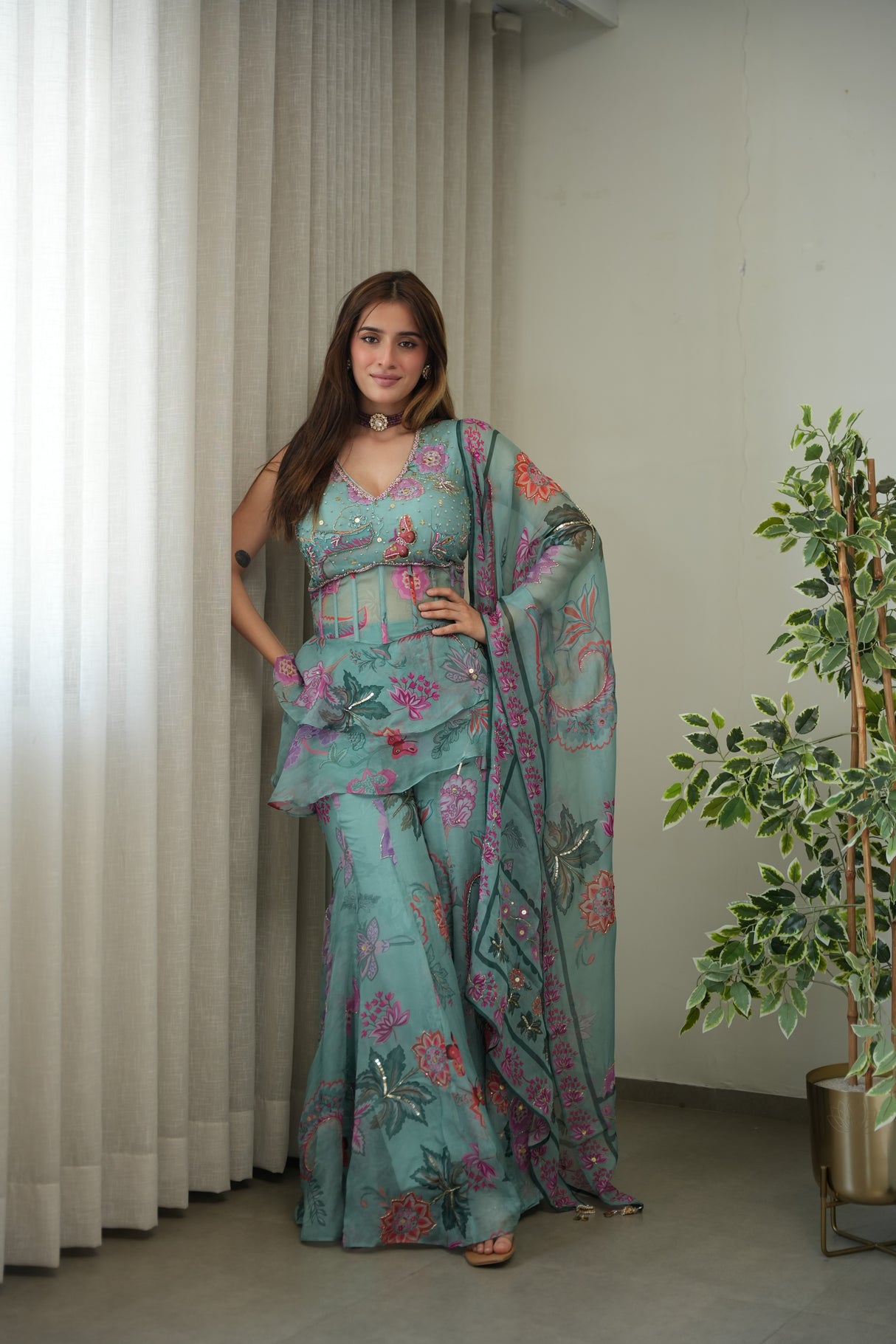 Sea Green Floral Peplum Sharara Ensemble - view 11