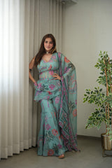 Sea Green Floral Peplum Sharara Ensemble - view 11