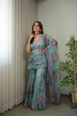 Sea Green Floral Peplum Sharara Ensemble - view 10