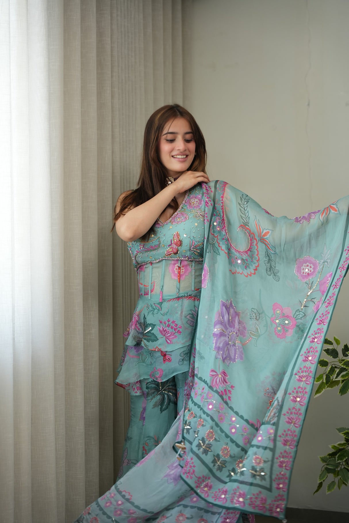 Sea Green Floral Peplum Sharara Ensemble - styled view