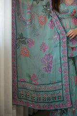 Sea Green Floral Peplum Sharara Ensemble - view 9