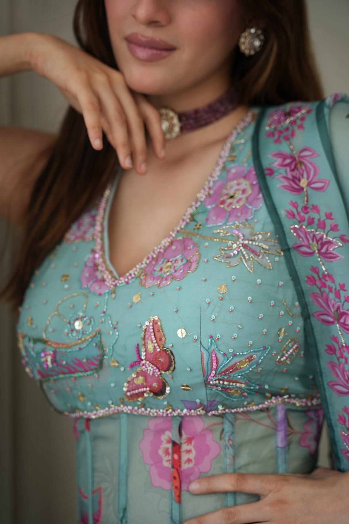 Sea Green Floral Peplum Sharara Ensemble - further detail view