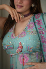 Sea Green Floral Peplum Sharara Ensemble - further detail view
