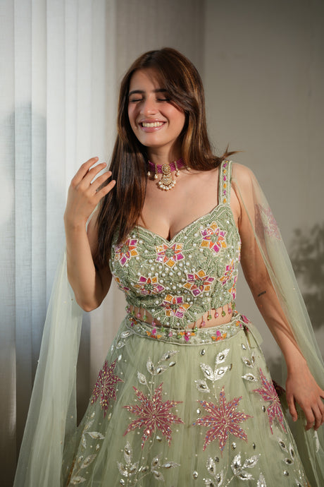 Sage Floral Net Lehenga Ensemble