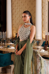 Olive Pearl Draped Saree Set
