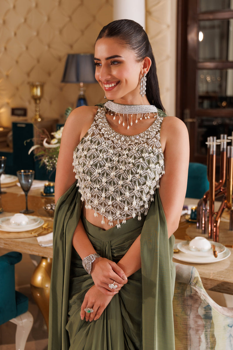 Olive Pearl Draped Saree Set