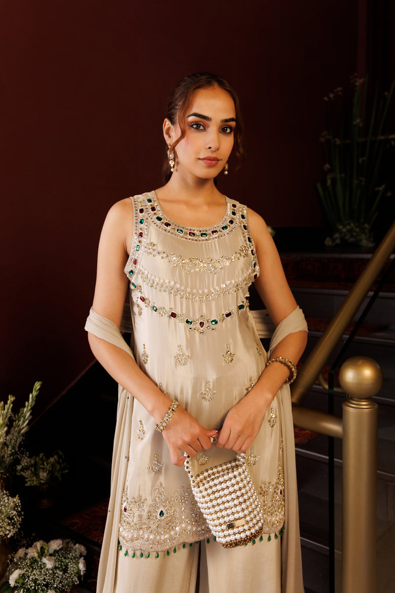 Ivory Jewel Embroidered Palazzo Set