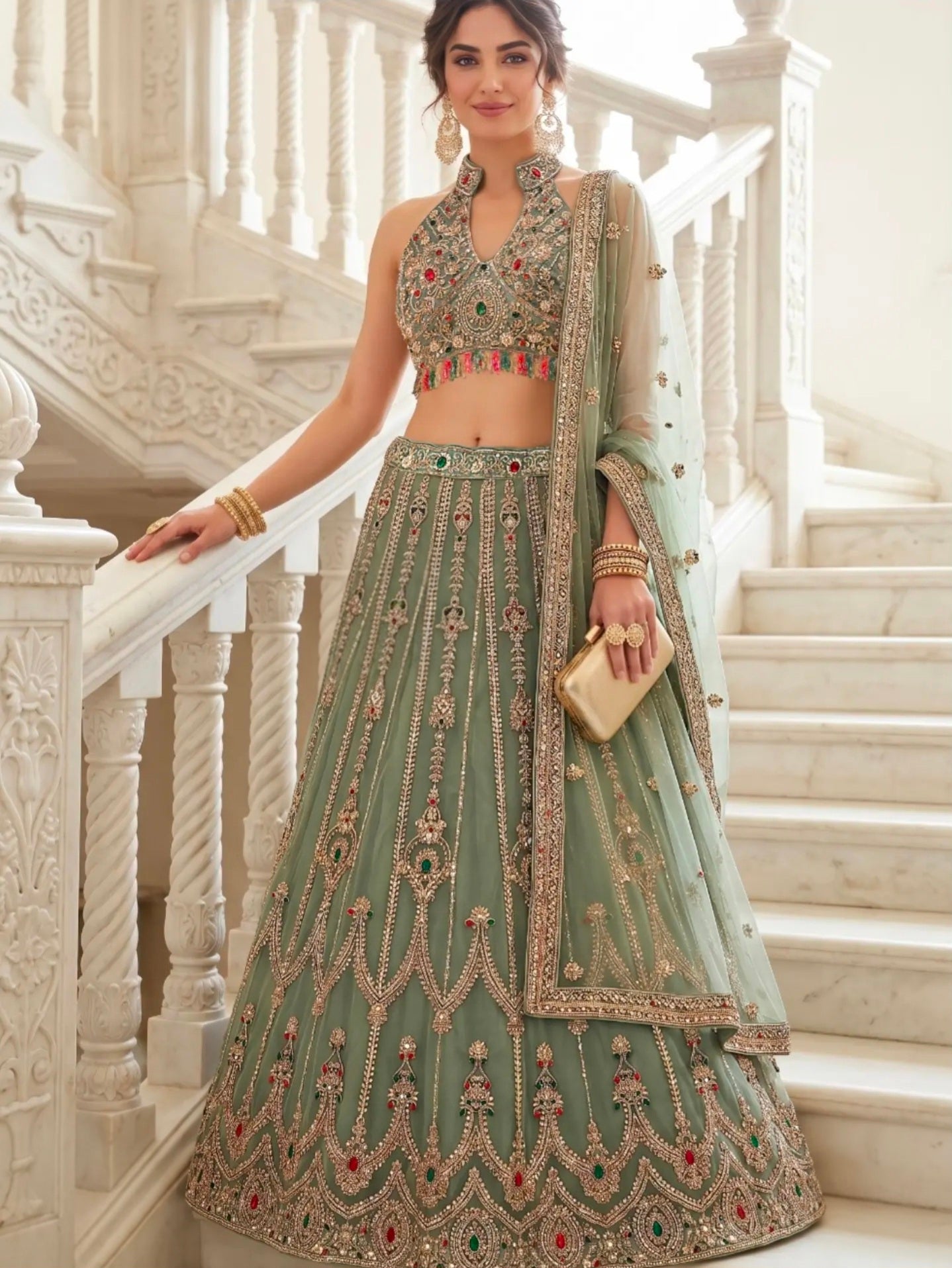 Sage Gemstone Embroidered Lehenga Set