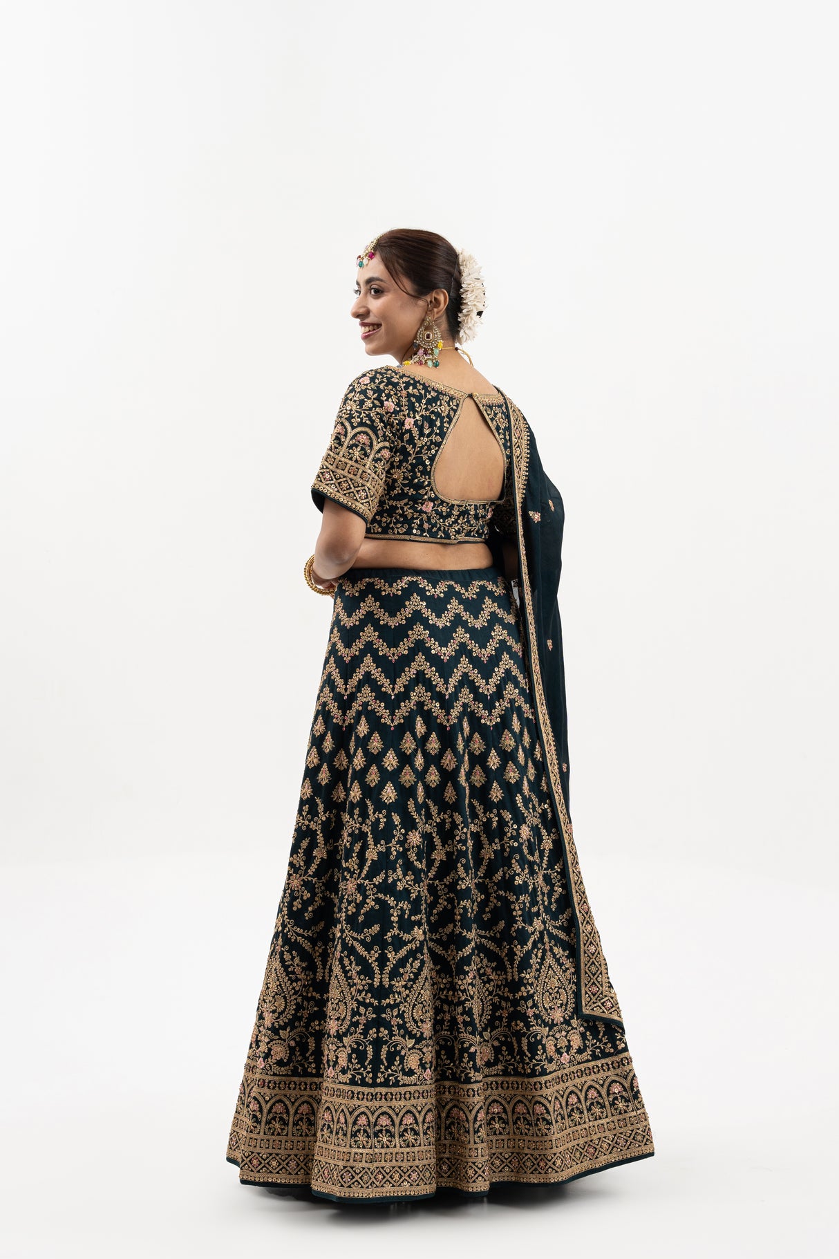 Black & Gold Lehenga with Gold Embroidery, Deep Neckline Blouse, Cut-Out Back, Indian Bridal Ensemble