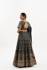 Black & Gold Lehenga with Gold Embroidery, Deep Neckline Blouse, Cut-Out Back, Indian Bridal Ensemble