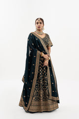 Black & Gold Lehenga with Gold Embroidery, Deep Neckline Blouse, Cut-Out Back, Indian Bridal Ensemble