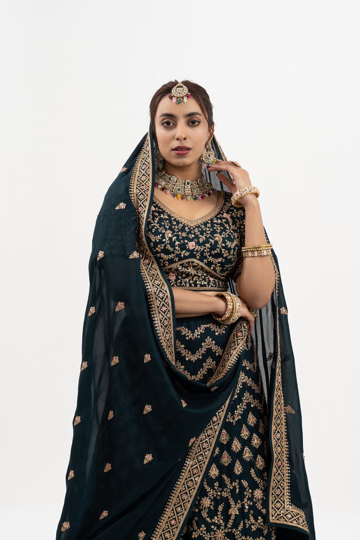 Black & Gold Lehenga with Gold Embroidery, Deep Neckline Blouse, Cut-Out Back, Indian Bridal Ensemble