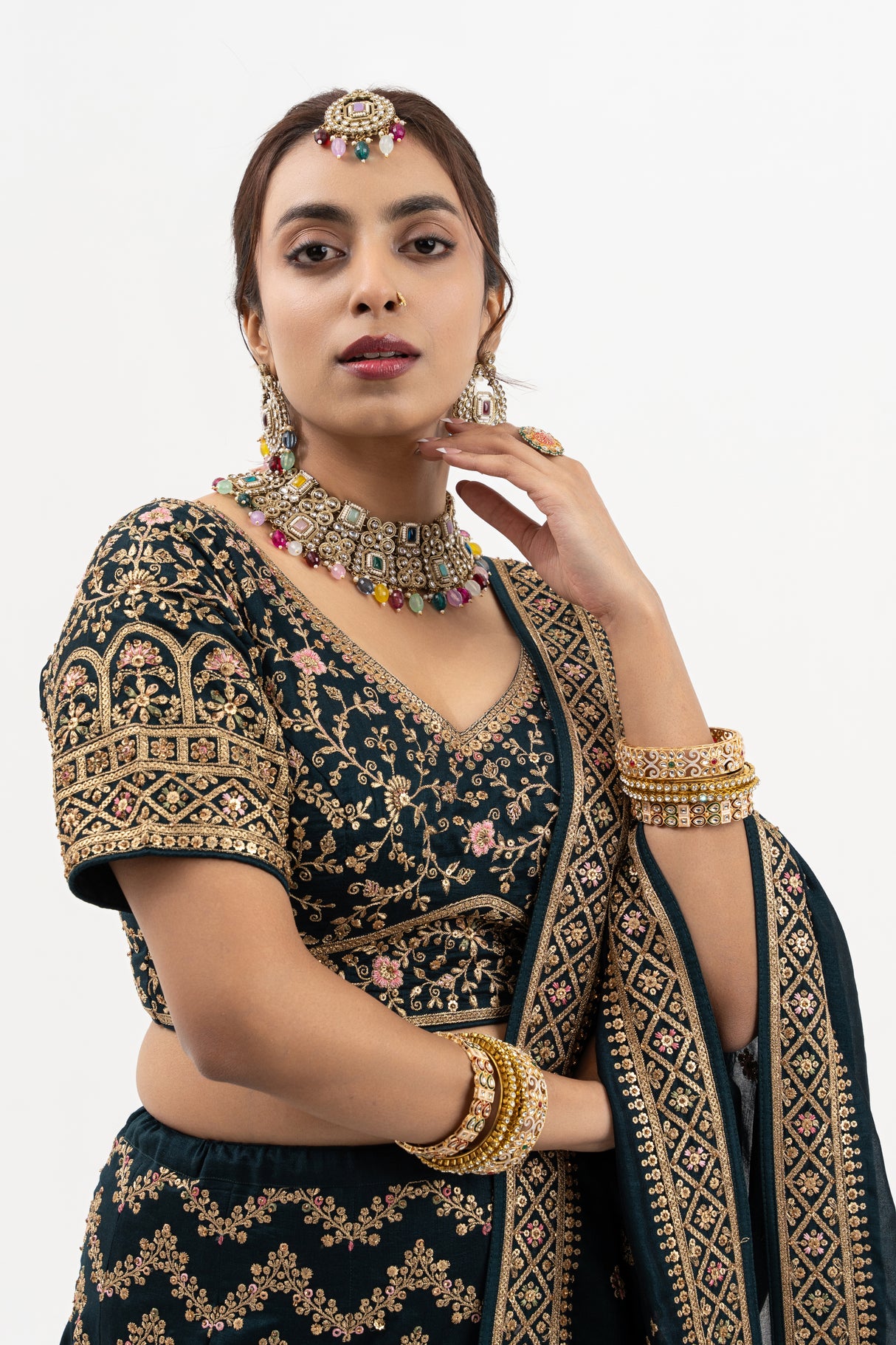 Black & Gold Lehenga with Gold Embroidery, Deep Neckline Blouse, Cut-Out Back, Indian Bridal Ensemble