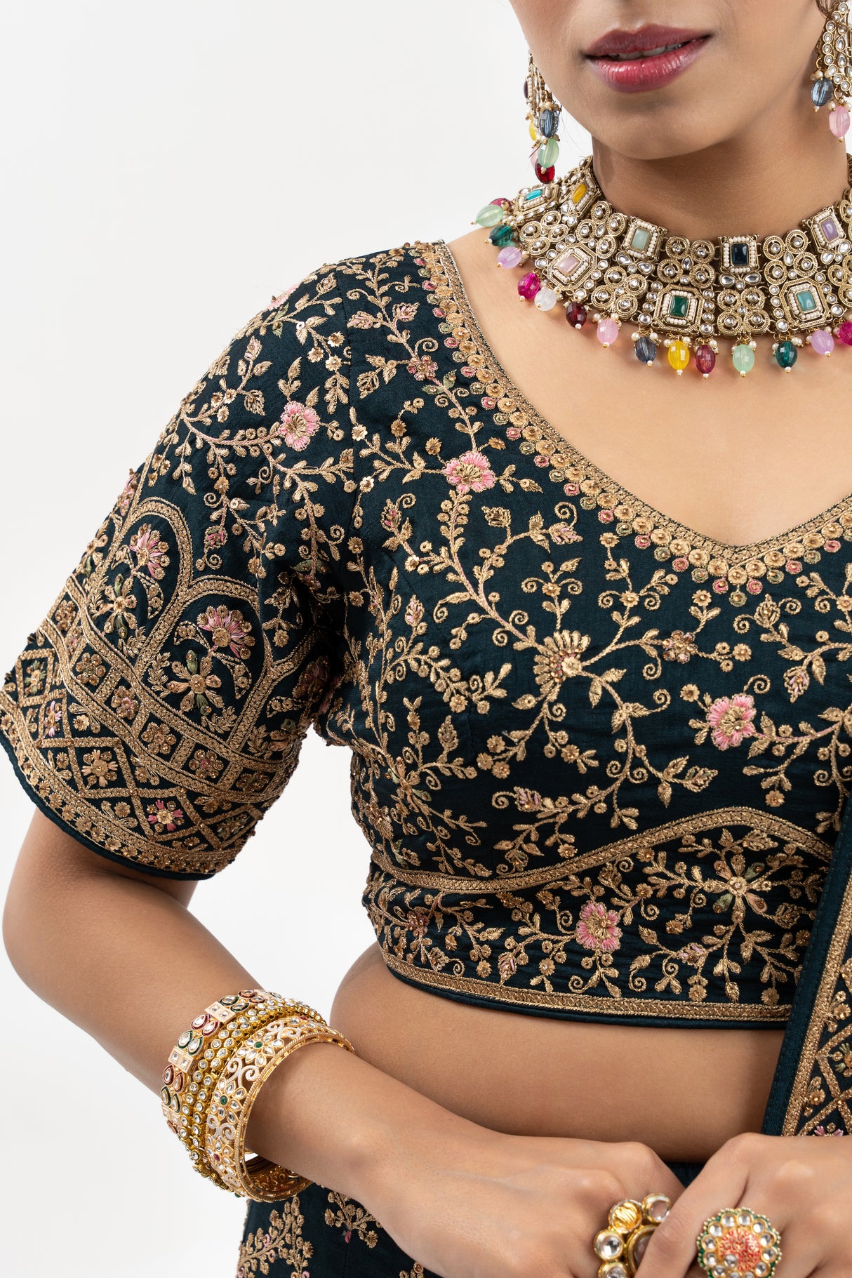 Black & Gold Lehenga with Gold Embroidery, Deep Neckline Blouse, Cut-Out Back, Indian Bridal Ensemble