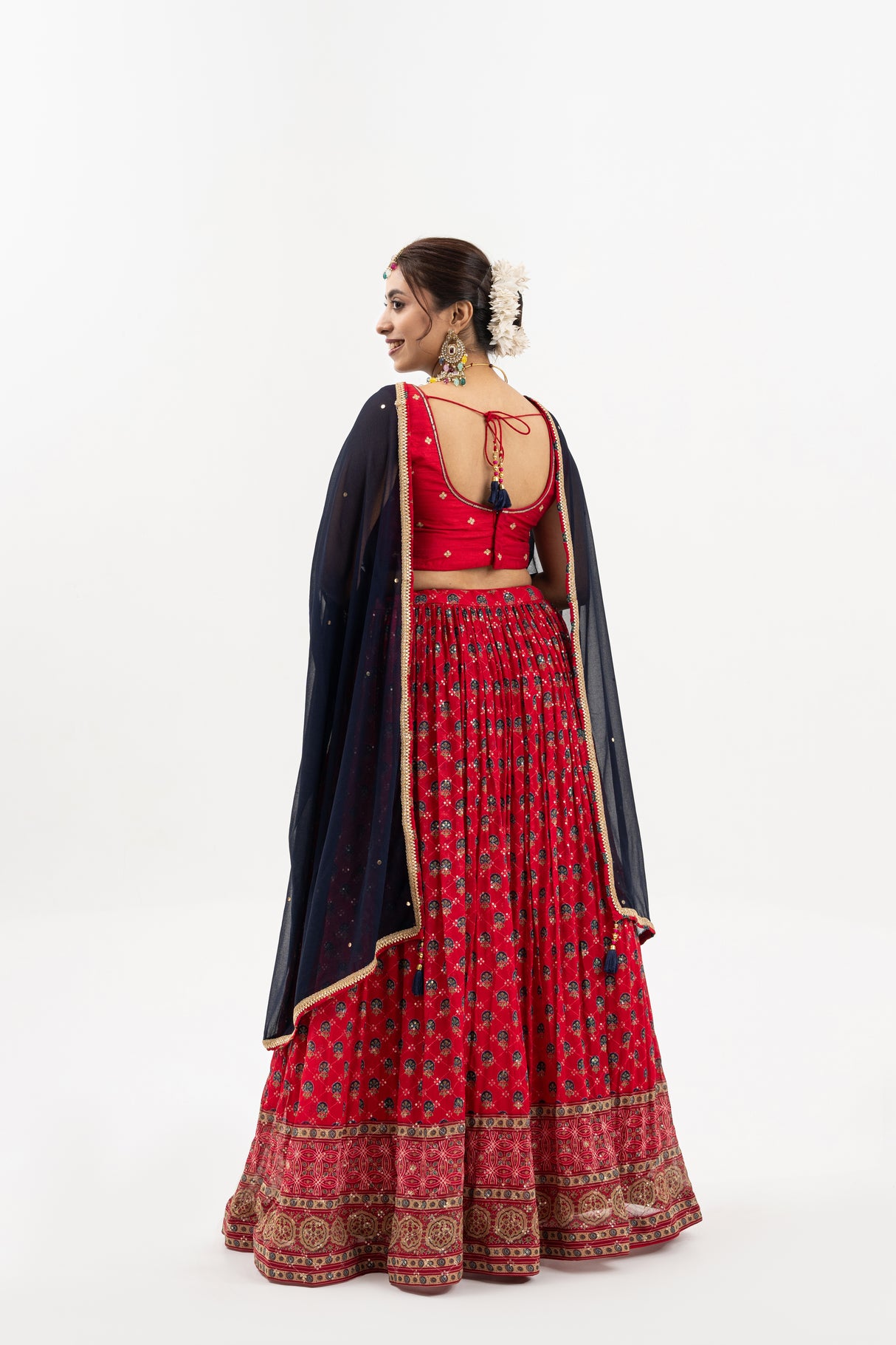 Red & Gold Lehenga with Gold Embroidery, Sleeveless Blouse, Navy Dupatta with Red Border, Indian Ensemble