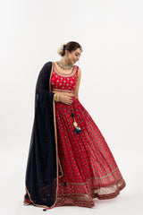 Red & Gold Lehenga with Gold Embroidery, Sleeveless Blouse, Navy Dupatta with Red Border, Indian Ensemble