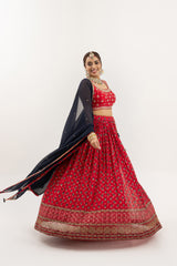 Red & Gold Lehenga with Gold Embroidery, Sleeveless Blouse, Navy Dupatta with Red Border, Indian Ensemble