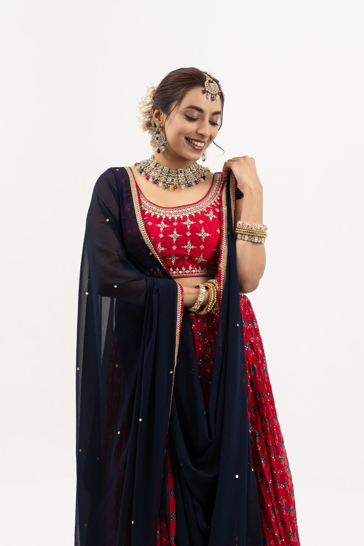 Red & Gold Lehenga with Gold Embroidery, Sleeveless Blouse, Navy Dupatta with Red Border, Indian Ensemble