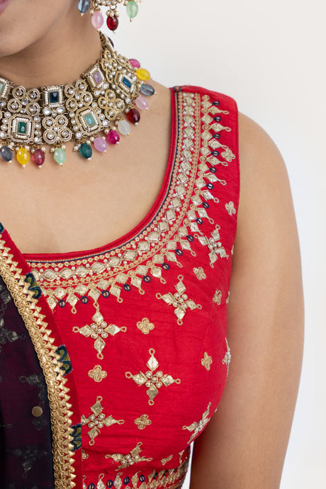 Red & Gold Lehenga with Gold Embroidery, Sleeveless Blouse, Navy Dupatta with Red Border, Indian Ensemble