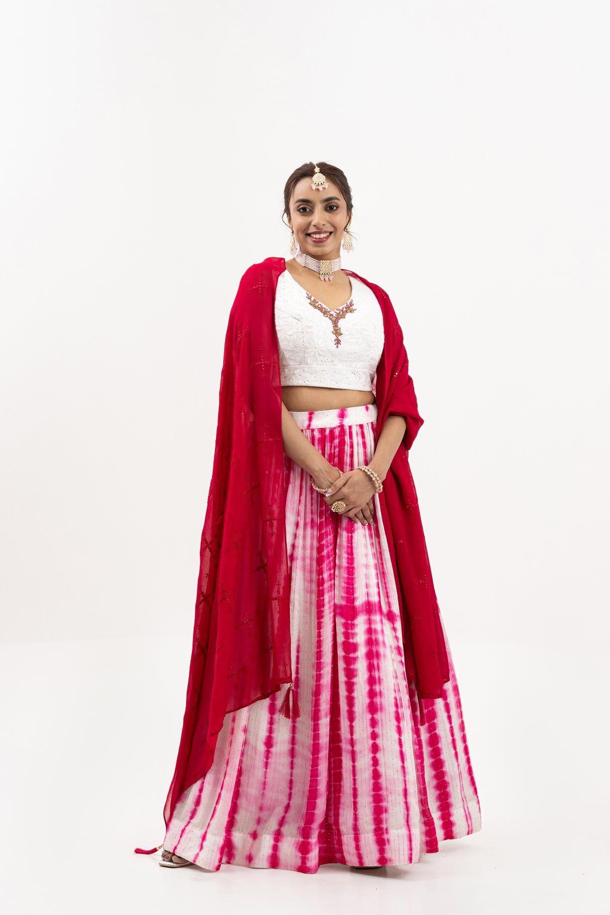 Women's Pink and White Tie-Dye Lehenga with Embroidered Blouse, Indian Wedding Outfit, Festive Wear