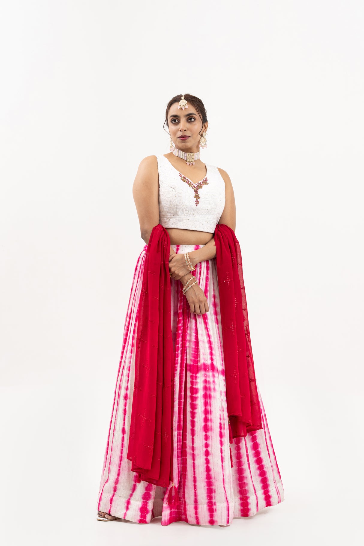 Women's Pink and White Tie-Dye Lehenga with Embroidered Blouse, Indian Wedding Outfit, Festive Wear