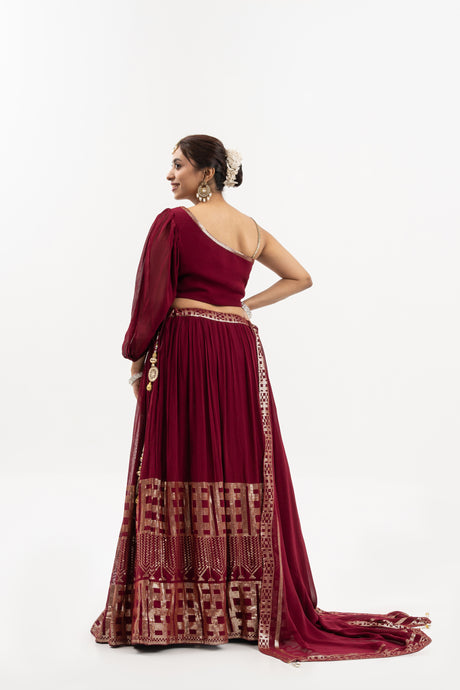 Women's Deep Wine One-Shoulder Lehenga Set with Gold Embroidery, Indian Wedding Outfit, Festive Wear