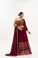 Women's Deep Wine One-Shoulder Lehenga Set with Gold Embroidery, Indian Wedding Outfit, Festive Wear