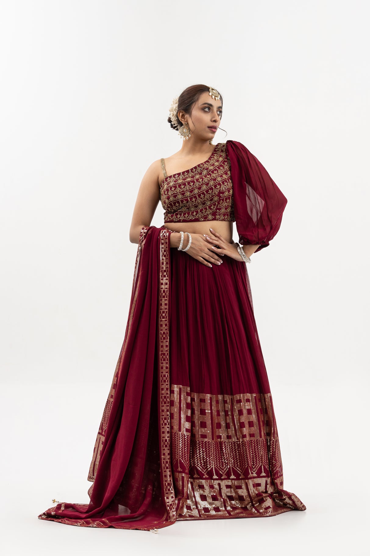 Women's Deep Wine One-Shoulder Lehenga Set with Gold Embroidery, Indian Wedding Outfit, Festive Wear