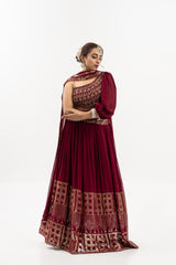 Women's Deep Wine One-Shoulder Lehenga Set with Gold Embroidery, Indian Wedding Outfit, Festive Wear