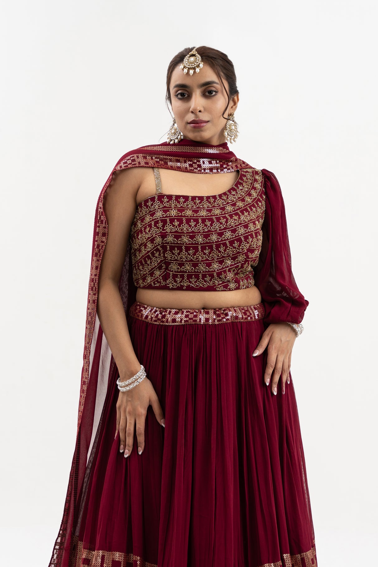 Women's Deep Wine One-Shoulder Lehenga Set with Gold Embroidery, Indian Wedding Outfit, Festive Wear