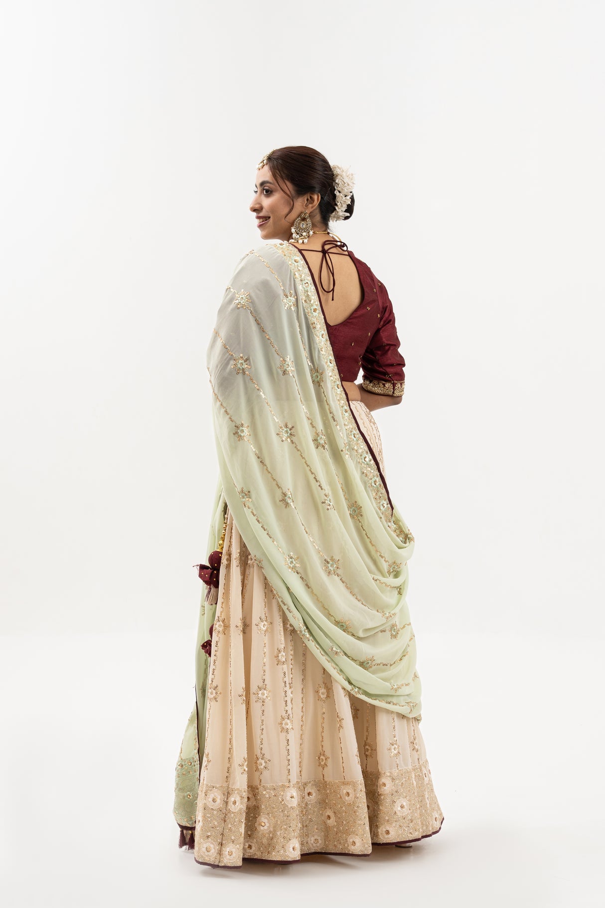 Bridal Lehenga with Gold Embroidery, Maroon Blouse, Mint Green Dupatta, Indian Wedding Ensemble