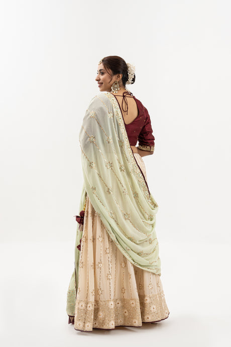 Bridal Lehenga with Gold Embroidery, Maroon Blouse, Mint Green Dupatta, Indian Wedding Ensemble