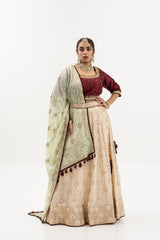 Bridal Lehenga with Gold Embroidery, Maroon Blouse, Mint Green Dupatta, Indian Wedding Ensemble