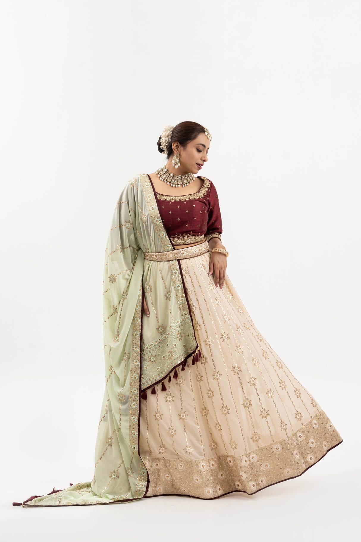 Bridal Lehenga with Gold Embroidery, Maroon Blouse, Mint Green Dupatta, Indian Wedding Ensemble