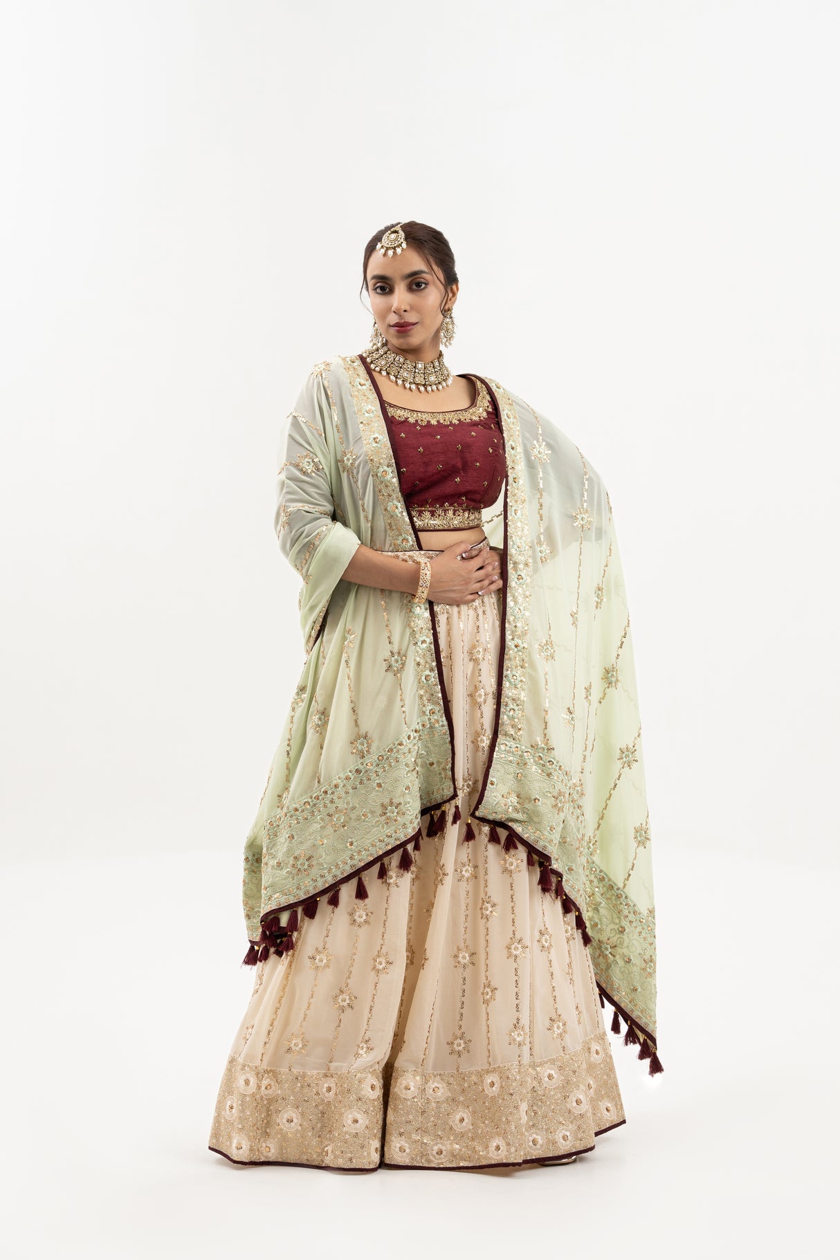 Bridal Lehenga with Gold Embroidery, Maroon Blouse, Mint Green Dupatta, Indian Wedding Ensemble