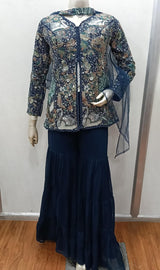 Midnight Peacock Embroidered Sharara Couture Set